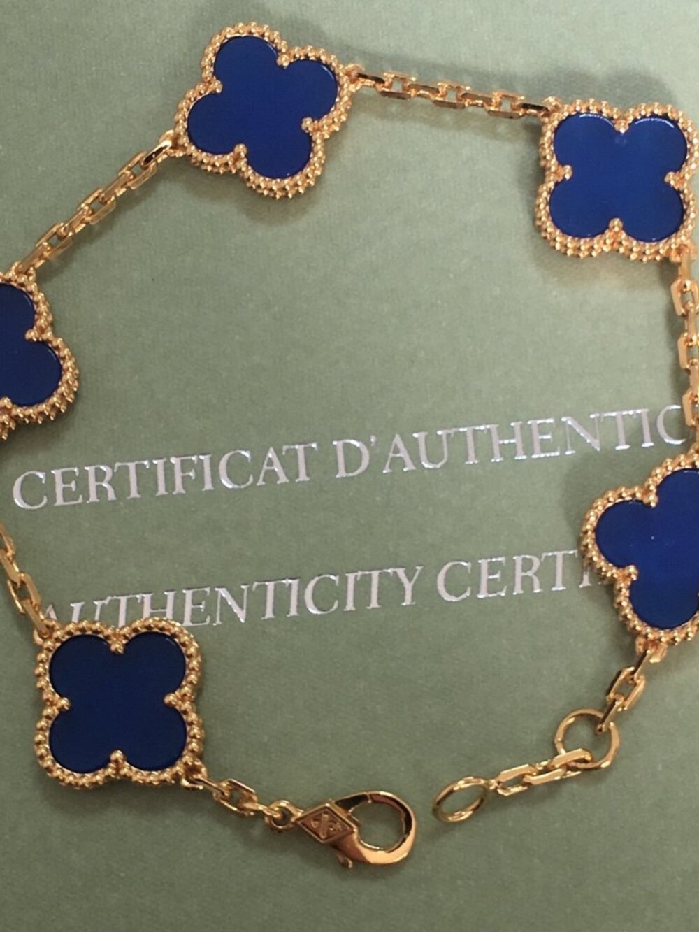 Authentic! Van Cleef & Arpels 18k Gold 5 Motif Alhambra Lapis Bracelet Paper